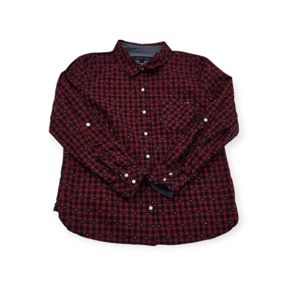 Camisa Tommy Hilfiger Roja C/cuadros Azules Manga Ajustable