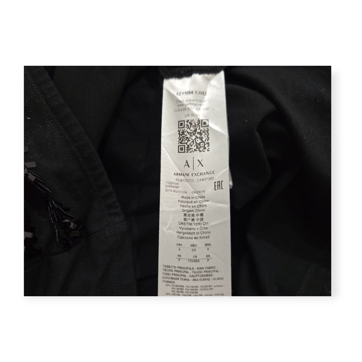 Playera Armani Exchange Chica S Negra Con Lentejuelas